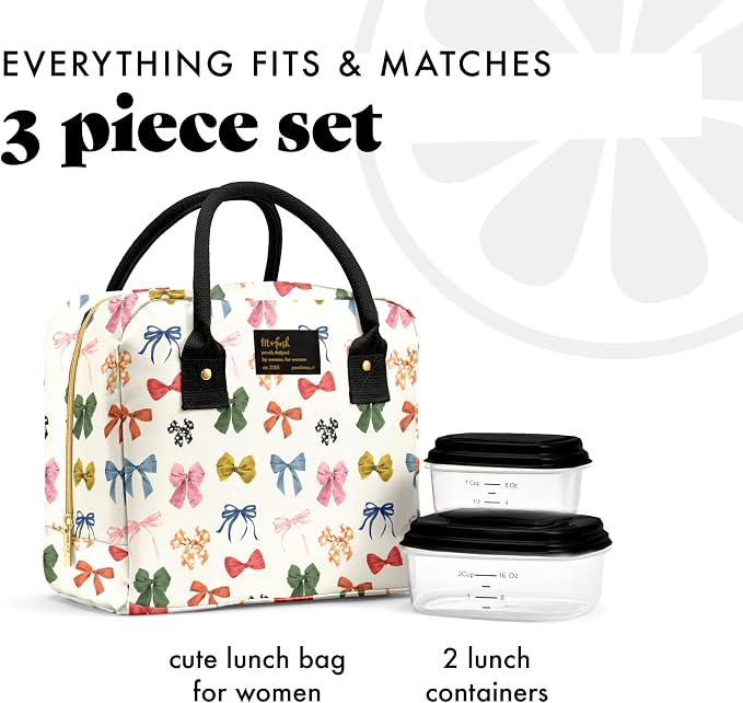 Fit & Fresh Bloomington Lunch Bag for Women - Insulated Large Lunch Box for Work with Containers, Leak-Resistant, Stain-Resistant, Zipper Closure, Fall Bows