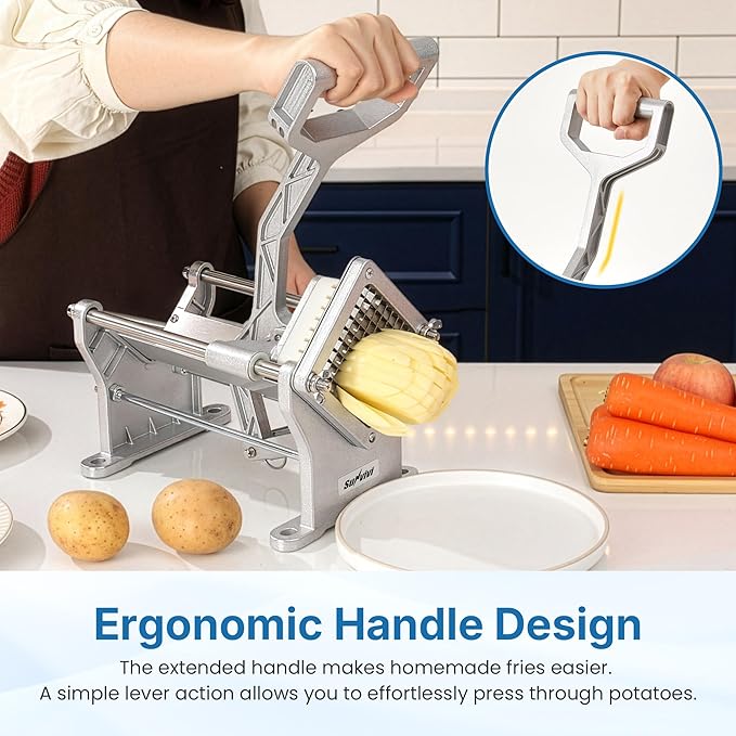 Commercial French Fry Cutter with 1/2 Inch & 3/8 Inch Blade and 6-wedge Slicer, Heavy Duty Potato Slicer, Stainless Steel Potatoes Cutter for Potatoes, Carrots, Cucumber, Onion, Yam