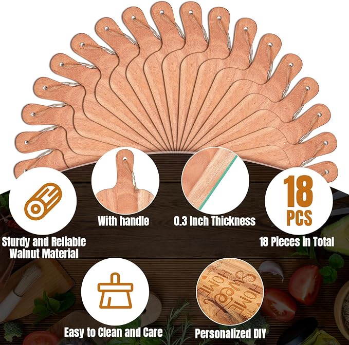 Irenare 18 Pcs Plain Cutting Board Set with Handles Laser Engraving Wooden Charcuterie Kitchen Serving Chopping Board Bulk for DIY Housewarming Mother's Day Gifts(Walnut,15 x 7 Inch)