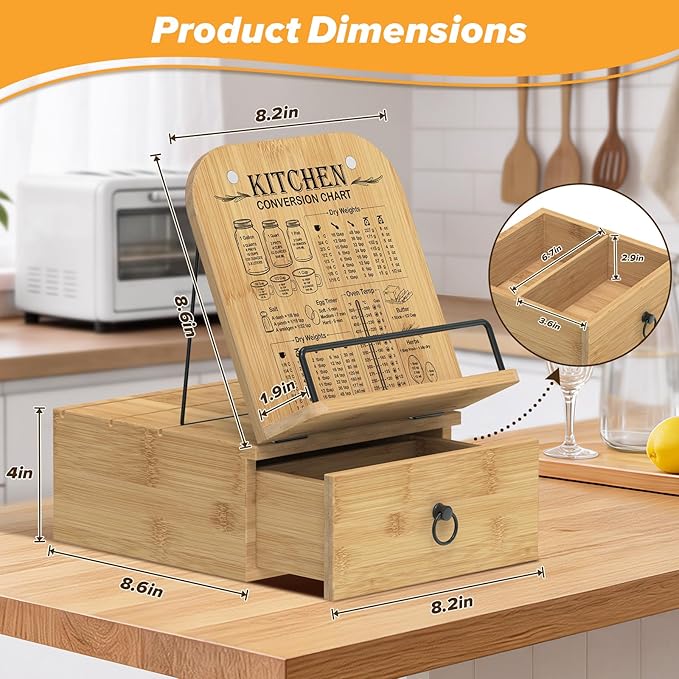 Cookbook Stand-Wooden Recipe Card Holder Box, Adjustable Cooking Book Stand for Kitchen Counter, Recipe Holder Shelf with Measurement Conversion Chart, Nice Gift for Cooking Lover-Wood,Large