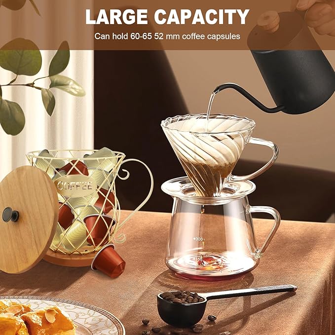 Gold Coffee Pod Storage Organizer with Lid and Handle - Large Capacity Coffee Capsules Holder for Home Office Countertop Decor