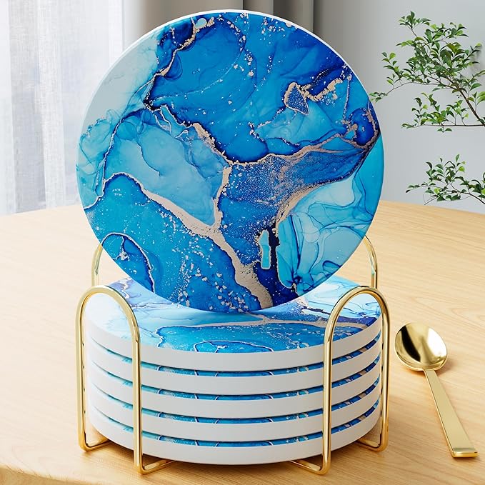 6Pcs/Set Marble Abstract Ceramic Coasters with Holder, Absorbent Drink Coasters, Coffee Cup Coaster,Round Ceramic Table Coasters Set Decorative