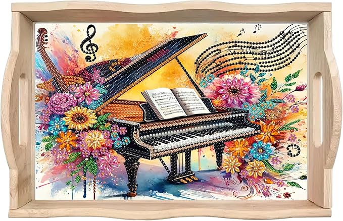 BAYUNOE DIY Diamond Serving Tray Rectangular Breakfast Tray with Handle Handmade Diamond Art Painting Wooden Tray Spring Creative Dinner Plate Coffee Room Living Home Organizer-Piano
