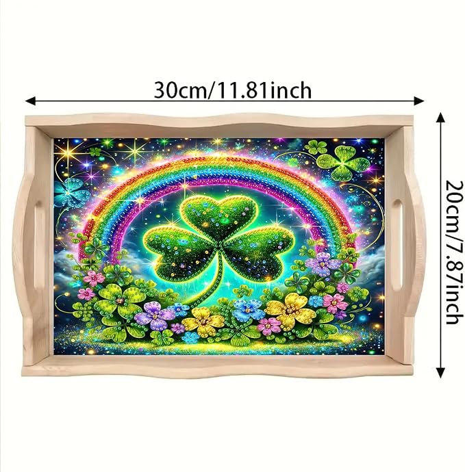 BAYUNOE DIY Diamond Serving Tray Rectangular Breakfast Tray with Handle Handmade Diamond Art Painting Wooden Tray Spring Creative Dinner Plate Coffee Room Living Home Organizer-Rainbow Clover