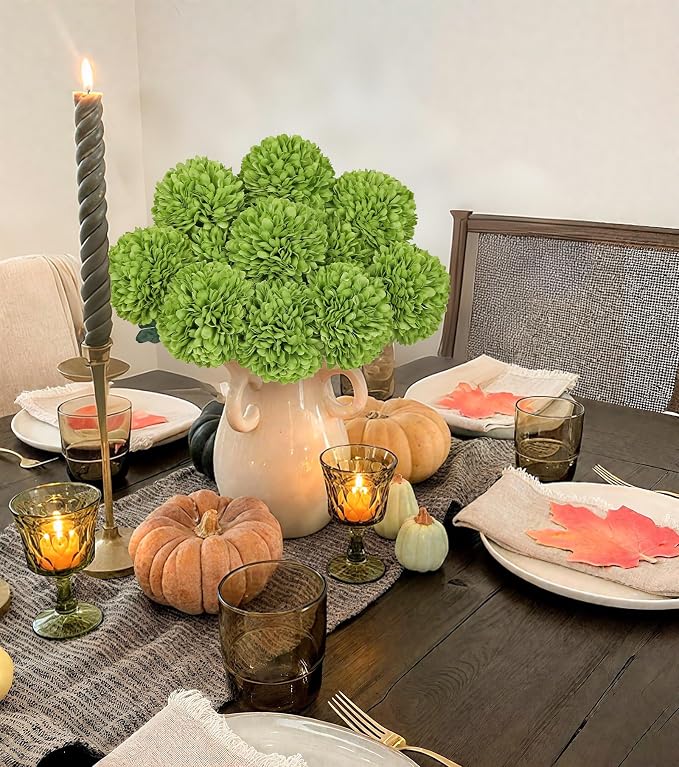 Briful 12 Pcs Artificial Green Chrysanthemum Stems – 11” Tall Silk Mums Flower Heads with Green Leaves, Flexible Stems for Fall Floral Pick Arrangements, Home, Wedding & Seasonal Decorations