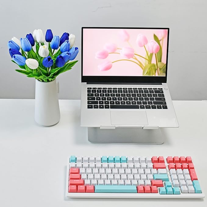 Mandy's Shades of Blue Artificial Tulips Flowers Centerpiece, 13.5" Lifelike PU Fake Floral Stems 20pcs for Kitchen Island & Dining Table, Spring Decor for Easter