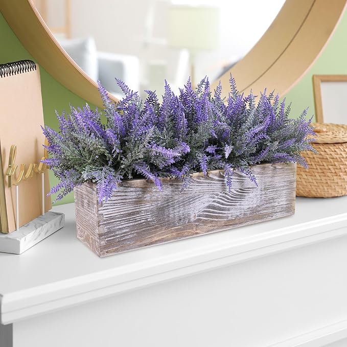 Winlyn 14" Faux Lavender Plant in Rustic Rectangular Wood Planter Box Artificial Lavender Flower Arrangement Potted Plant for Farmhouse Wedding Centerpiece Provence Home Office Room Table Mantel Décor