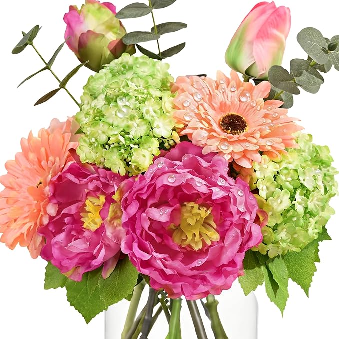Livole Artificial Fake Flowers with Vase Silk Faux Flowers Arrangements in Glass Vase with Faux Water Centerpiece Table Decorations for Dining Room Home Office Shelf Wedding Decor（Fuchsia Pink）
