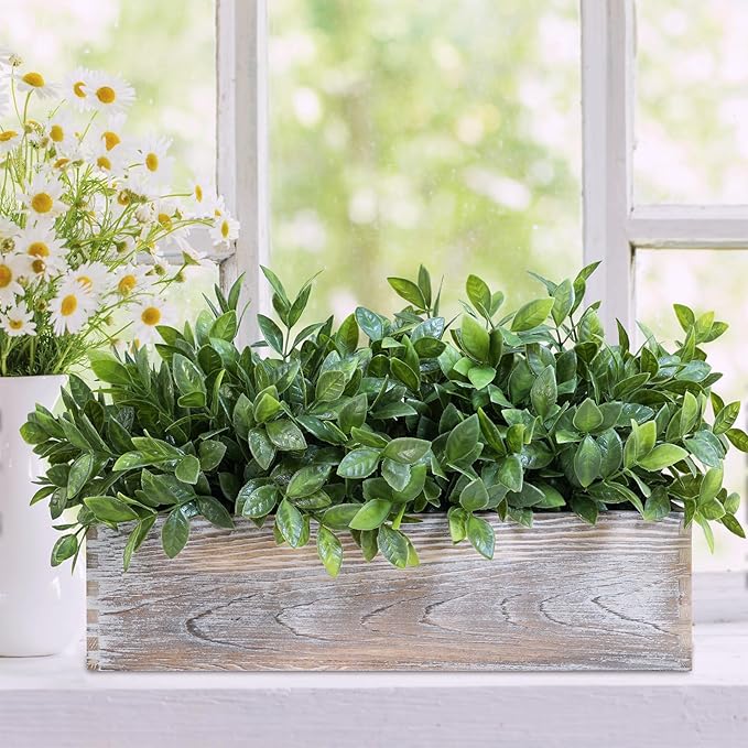 Winlyn 14" Faux Boxwood Plant in Rectangular Wood Planter Box Rustic Greenery Arrangement Artificial Potted Herb Plant for Farmhouse Home Decor Wedding Mantel Shelf Windowsill Dinner Table Centerpiece