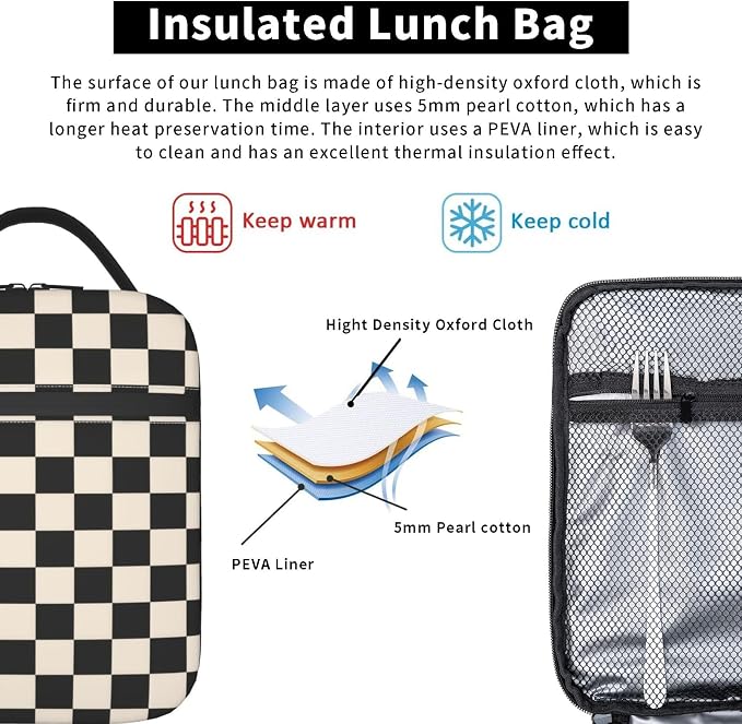 Black White Checkered Lunch Box Insulated Lunch Bag for Adult Women Men Reusable Aesthetic Tote Lunchbox Container Work Outdoor Picnic Hiking
