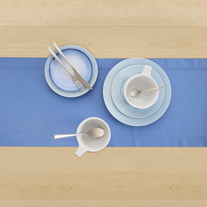 Solino Home Cotton Linen Dusty Blue Table Runner 120 Inches Long - Hemstitch 14 x 120 Inch Table Runner for Dining, Spring, Summer