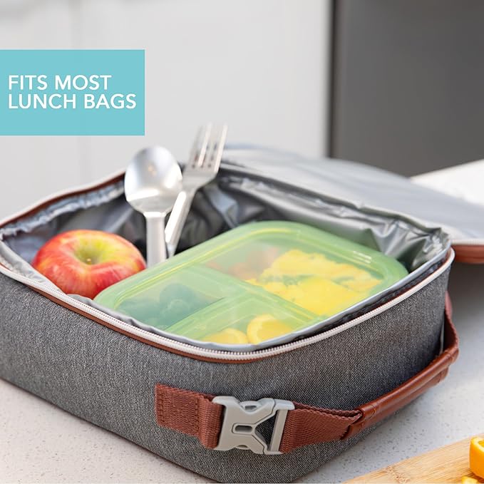 Bumkins - Silicone Bento Box & Reusable Snack Bag Set - 3 Sections & Leak-Proof Lid - Food Safe - 2 Zip Bags - Washable, Microwave, Freezer & Dishwasher Safe - 3 pack - Green