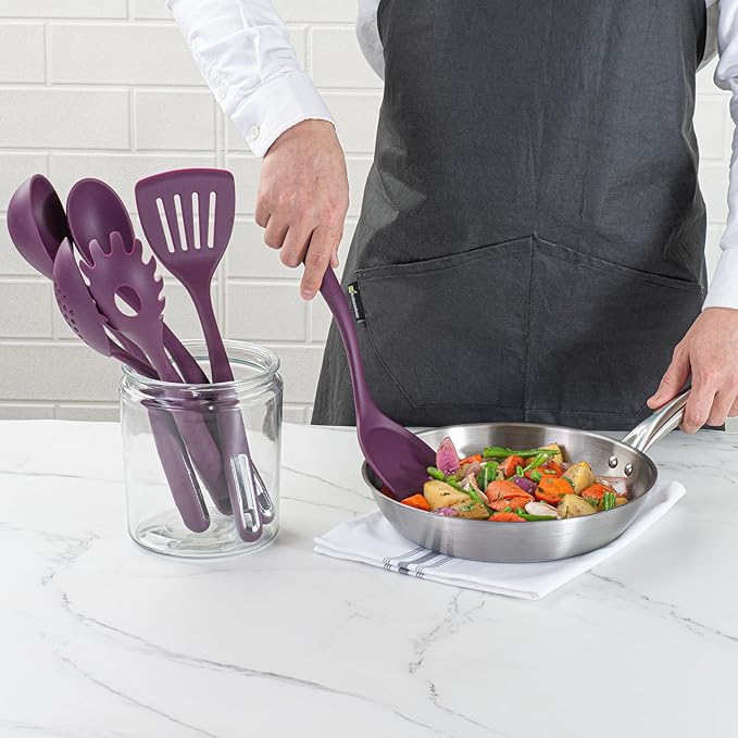 Restaurantware Silicone Utensil Set Pack of 1 Non-Slip Handle 6-Piece Kitchen Tool Set, Heat-Resistant Dishwasher-Friendly Cooking Accessories, Durable Purple Cooking Utensils