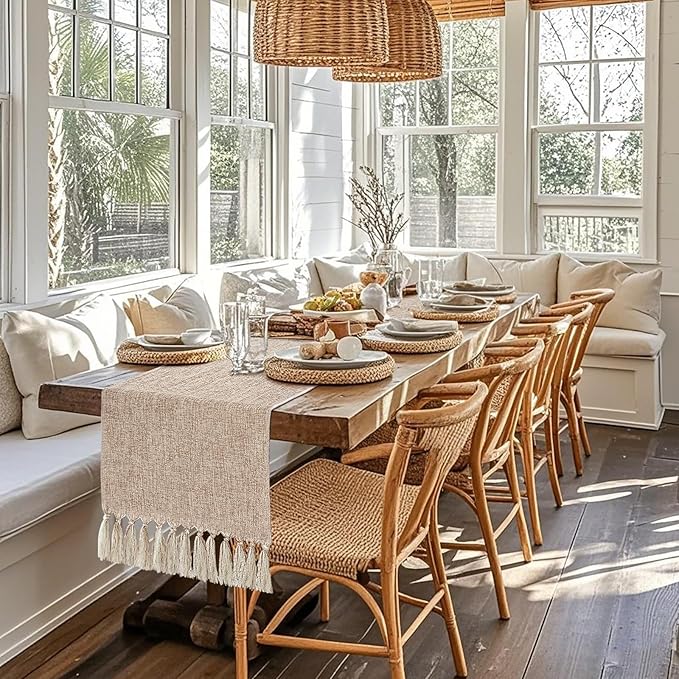 yuboo Boho Table Runner 90 inches Long- Rustic Burlap Linen Table Runner for Spring Wedding Decor, Bohemian Dresser Runners for Bedroom, Dining Table,Kitchen