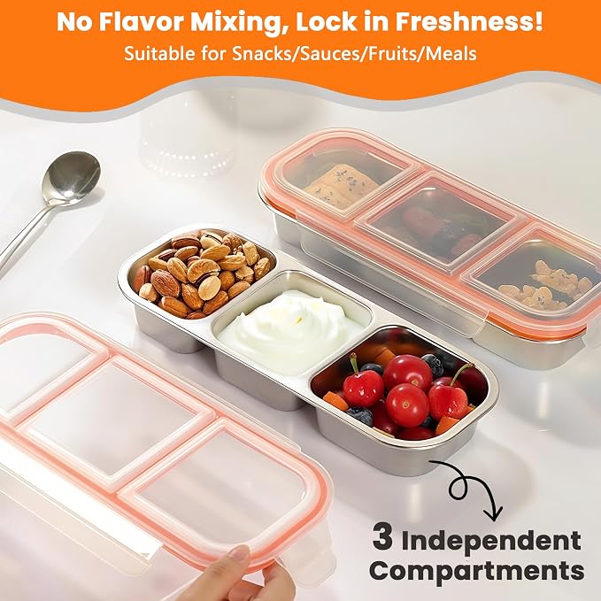 4 Pack Stainless Steel Snack Containers with Leak-Proof Lids, 3 Compartments Reusable Stainless Steel Lunch Box for Balanced Meals, Snackle Box Container,Meal Prep,Work,Camping