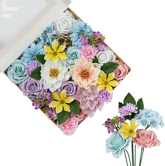 FANKO Artificial Flowers for DIY, Purple Blue Pink Yellow Faux Flowers Bouquet, Fake Rose Daisy Lily Hydrangea Silk Flowers for Vase, Home Decor, Garland, Wedding, Birthday, Party, Romantic Accents