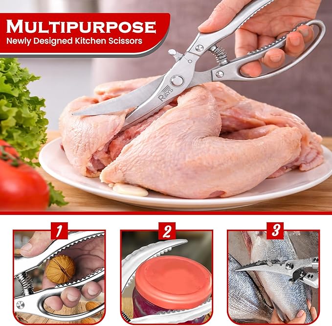 Heavy Duty Poultry Shears – Professional Stainless Steel Kitchen Scissors for Chicken, Turkey, Bone, Meat & Fish – Spring Loaded Spatchcocking Shears – Dishwasher Safe with Safety Lock