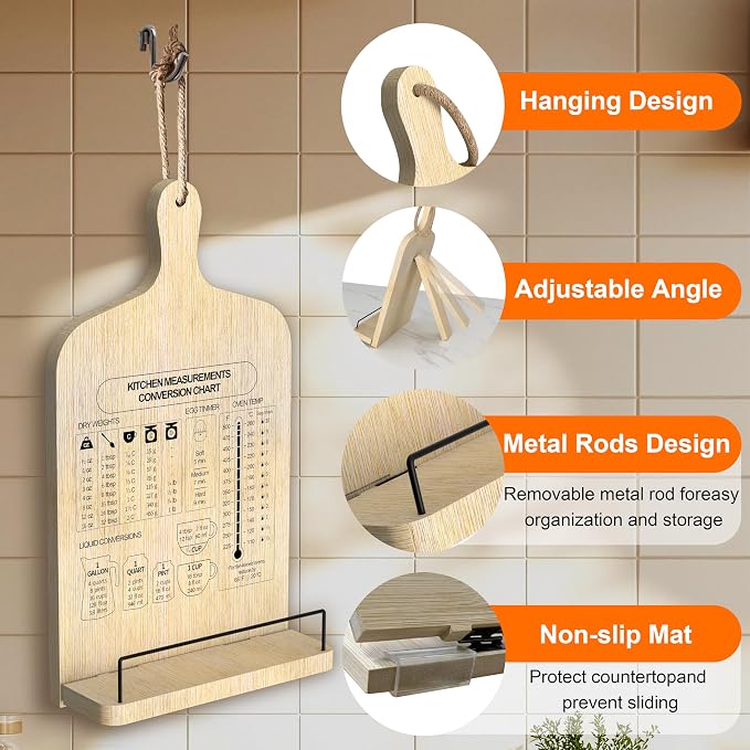 Bamboo Cookbook Stand, Adjustable Cookbook Holder Stand, Recipe Book Holder with Measurement Conversion Chart, Cook Book Stand for Kitchen Counter, Essential Accessories Gifts for Bakers Women
