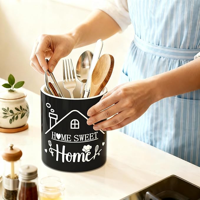 Black Kitchen Utensil Holder, Home Sweet Home Ceramic Utensil Holder , Cooking Utensil Crocks for Kitchen Countertop, Kitchen Decorations Rustic Farmhouse Decor