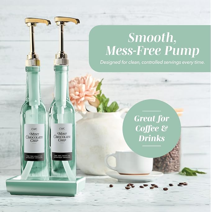 COOK WITH COLOR Glass Coffee Syrup Dispenser with Pump- Set of 2 Syrup Bottles for Coffee Bar, Decorative 350 ML Bottle with Ceramic Holder, Funnel, Labels and Extra Pumps, Sage