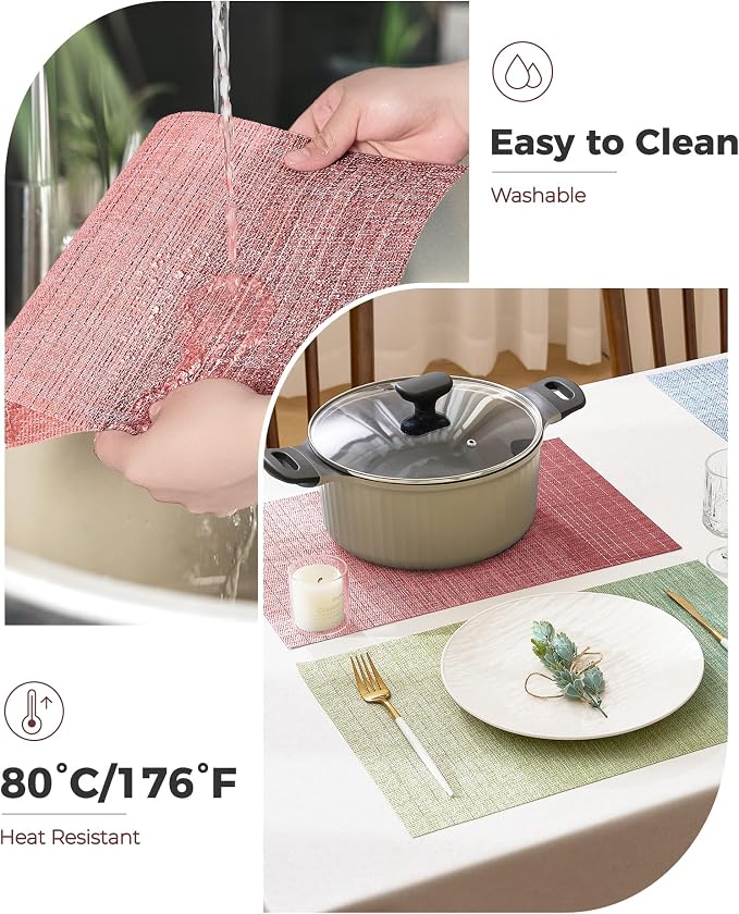 Leetaltree Gradient Pink Woven Placemats Set of 8 - Heat Resistant Non-Slip Place mats for Dining Table, Washable Durable PVC Vinyl Woven Table Mats(Gradient Pink, 8)