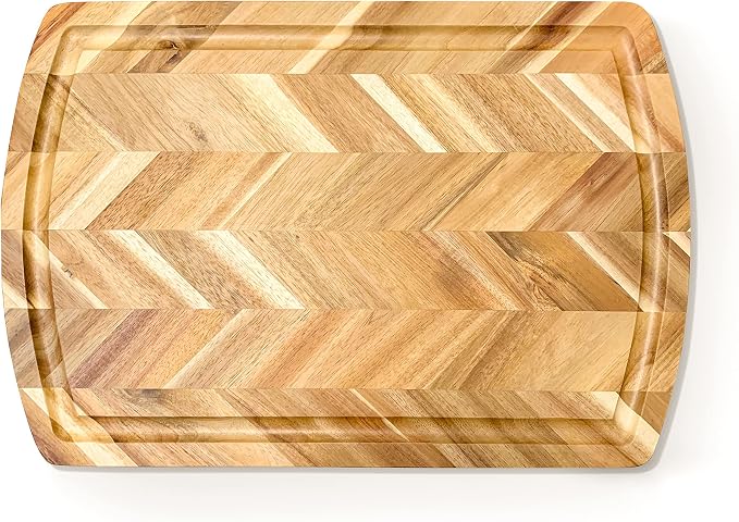 Acacia Rect. Herringbone design Chopping board, side grooves, deep well, 18X12X1”