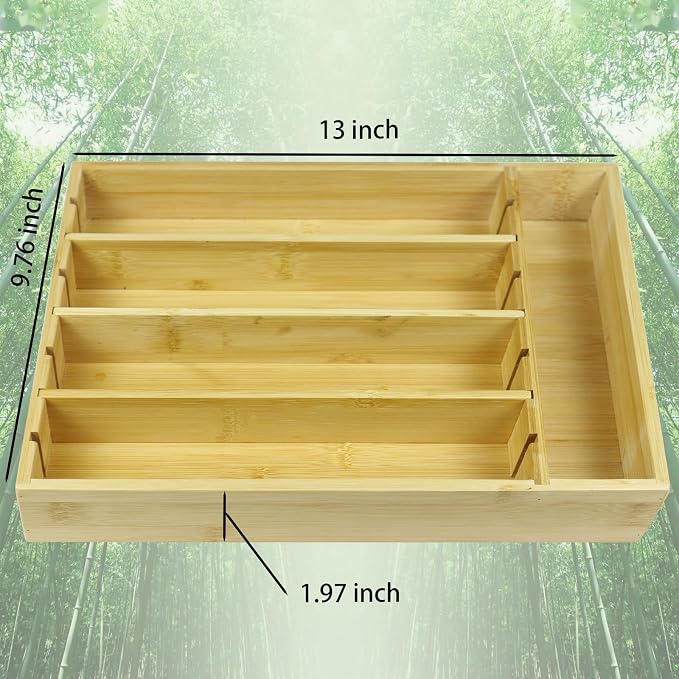 Silverware Organizer Kitchen Bamboo Drawer Organizer - 5 Slots Total Utensil Organizer for Flatware, Cutlery & Knives. Ideal Utensil Drawer Organizer for Kitchen, Natural