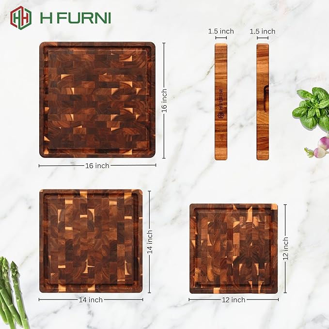 Medium 14" Square, 1.5" Thick Acacia End Grain Cutting Board, Wooden Chopping Board for Meat, Cheese and Charcuterie Board Built-in Handles with Juice Grooves, Durable, Easy Clean Kitchen Gift