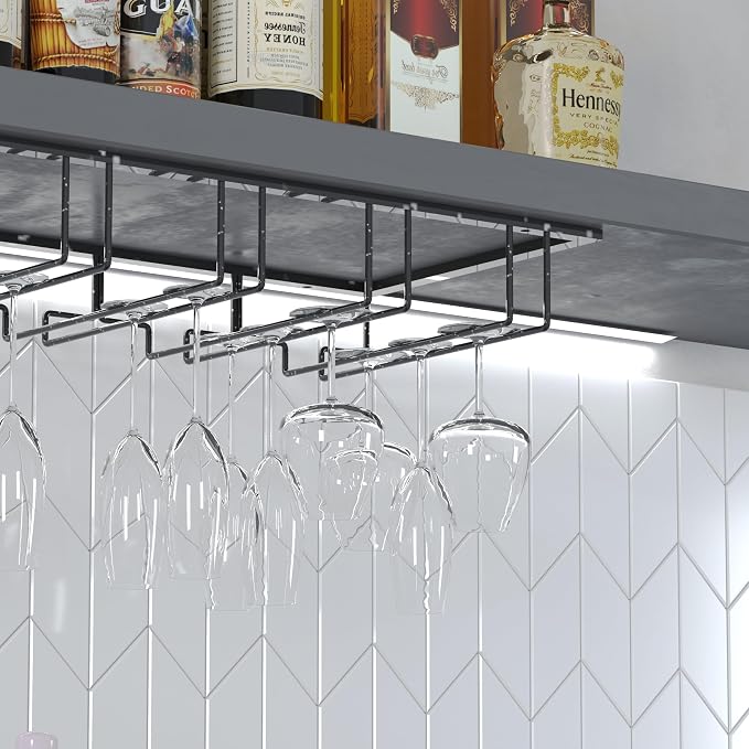 7-Row Stemware Rack - Under Cabinet Wine Glass Holder - Black Metal Hanging Shelf for Kitchen and Bar - Holds Up to 22 Glasses
