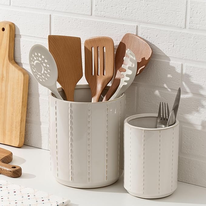 JIEMEI HOME Kitchen Utensil Holder, Large 7.5"+6.2" Bead Chain Ceramic Utensil Crock for Countertop, Utensil Holder with Cork Mat, Morden Utensil Organizer for Spatula, Kitchen Decor, Set of 2, White