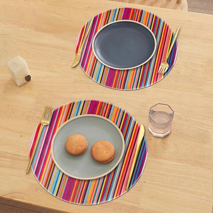 Niviy Bright Colorful Striped Round Placemats Set of 4, 15 Inch Mexican Rainbow Colored Geometric Pattern Table Mats for Holiday Party Kitchen Dining Room Decoration