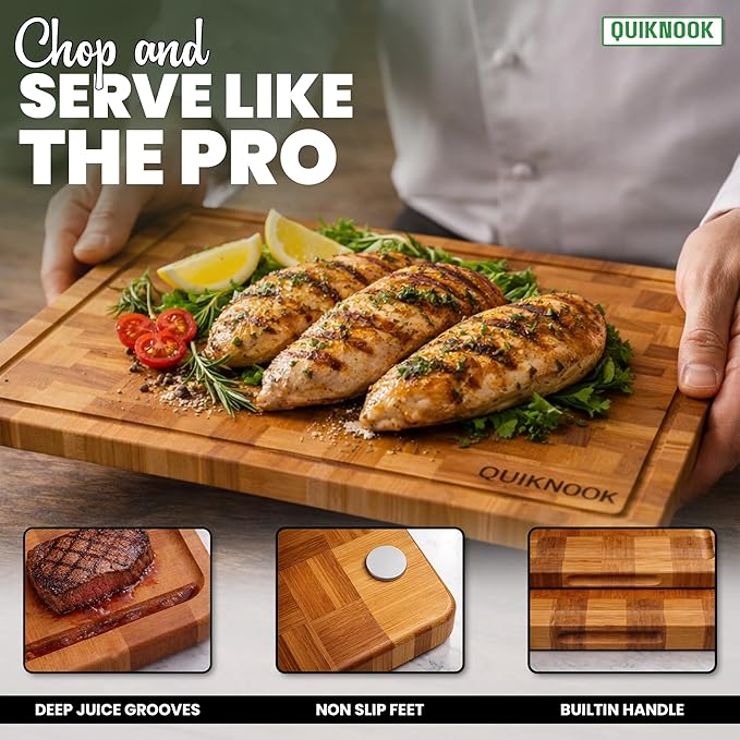Pack of 3 Pre-Oiled Bamboo Cutting Board Set with holder | Extra Thick End Grain Bamboo Wooden Cutting Board for kitchen with Deep Juice Grooves | Non Toxic Chopping Board Set with Build-in Handles