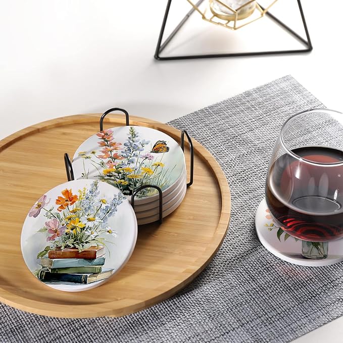 Spring Drink Absorbent Coasters with Holder Set of 6, Ceramic Stone with Cork Base, Watercolor Floral Wildflowers Coaster for Drinks, Gift for Housewarming Room Bar Home Decor Kitchen