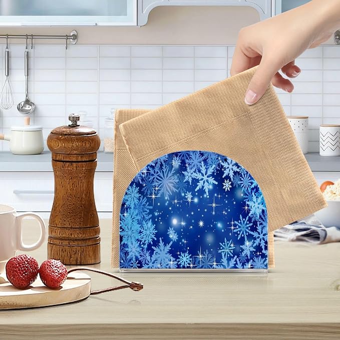 Blue Winter Christmas Glitter Snowflakes Napkin Holder for Tables Paper Cocktail Napkin Holders for Kitchen and Dinning, Acrylic Dinner Napkin Dispenser for Restaurant Home Decor Bar Accessories