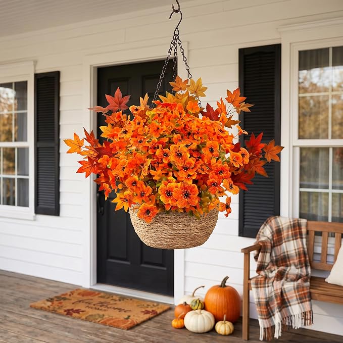 10Pcs Artificial Fall Flowers Outdoor UV Resistant, Faux Mums Orange Silk Flowers with 3-Tone Maple Leaves for Porch Planters, Thanksgiving Autumn Harvest Decor, 14 Inch