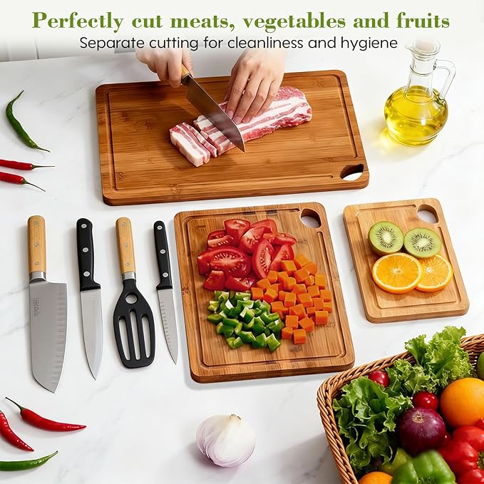 Bamboo Cutting Board 5-Piece Set,Deep-Carbonized Reversible Charcuterie Boards With Juice Grooves,Include Storage Stand&Cleaning Sponge,Knife Friendly,Sturdy,Perfect Kitchen Gift Set