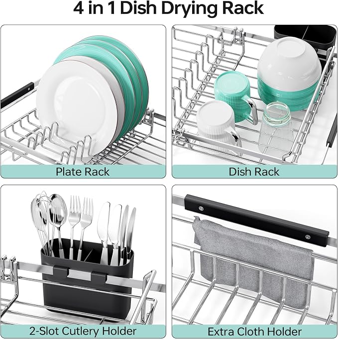 Urackify Dish Drying Rack in Sink - 304 Stainless Steel Expandable (14.5''-18''L) Over The Sink Dish Rack with Utensil Holder, Space-Saving Dish Drainer for Kitchen Counter, Silver