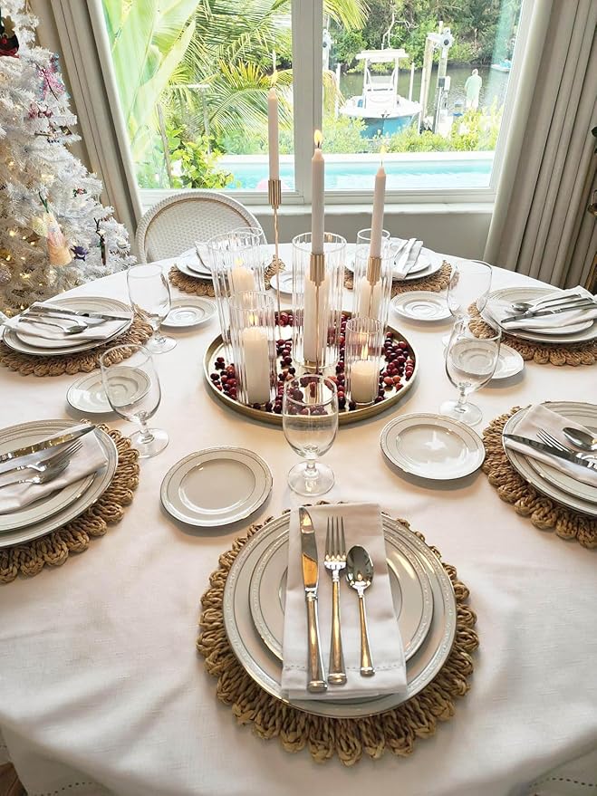 13.8" Set 4 Round Corn Husk Placemats | Boho Woven Rattan Table Mats | Natural Spring Farmhouse Plate Chargers | Handmade Rustic Wicker Place Mats for Christmas Wedding
