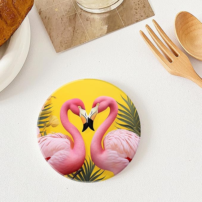 Flamingo Pineapple Butterflies Palm Leaves Pattern Set of 4 Ceramic Coasters with Holder,Absorbent Drink Bar Coasters,Table Coasters