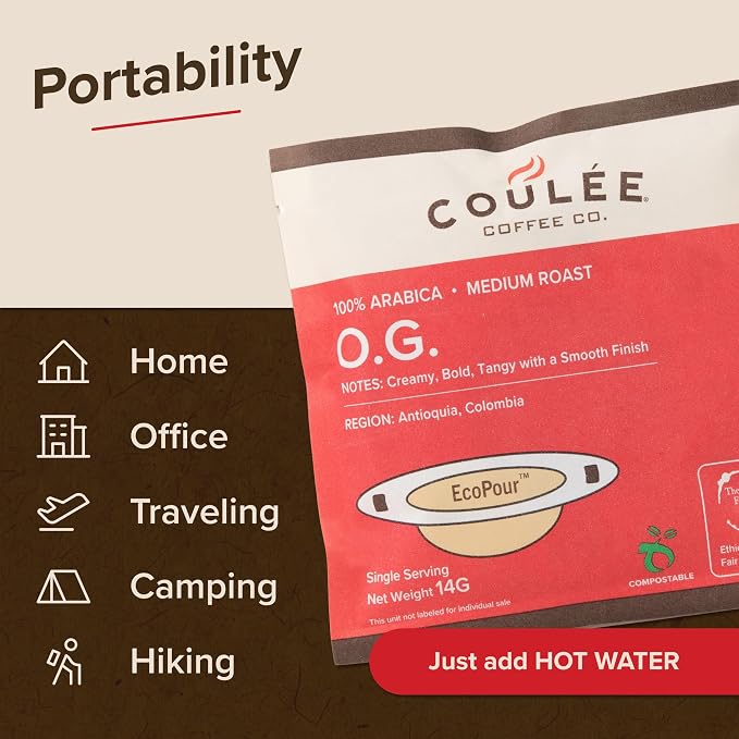 Coulée EcoPour O.G. Coffee, All Paper Single Serve Pour Over Colombian Coffee, Medium Roast, Use for Camping or Traveling, Pre Filled Compostable, All Paper Filters, Ready to Brew with Hot Water, Plastic Free, 10 Pack | camping-coffee-and-tea-pots
