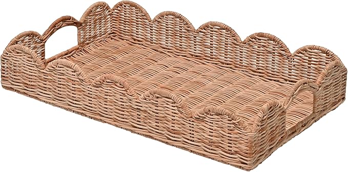 happimess TRY1000B Scalloped 21.5" Southwestern Cottage Hand-Woven Rattan Tray with Handles for Storage,Decoration, Display, Coffee Table or Serving Food, Light Brown