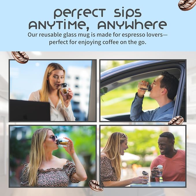 To-Go Espresso Glass Travel Mug with Lid, Reusable Double Wall Glass Tumbler, Fits Most Coffee Makers/Cupholders for Your Car, Gifts for Coffee Lovers, 2-Pack Flat White Cortado Cups