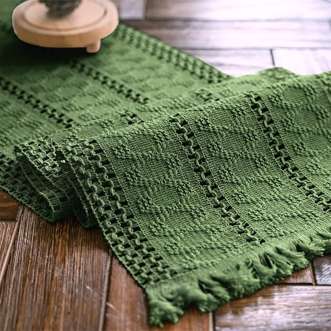 Macrame Table Runner Green Boho Table Runners with Tassels Hand Woven Cotton Table Runner Rustic Farmhouse Table Runners for Bohemian Kitchen Dining Table(12x108in)