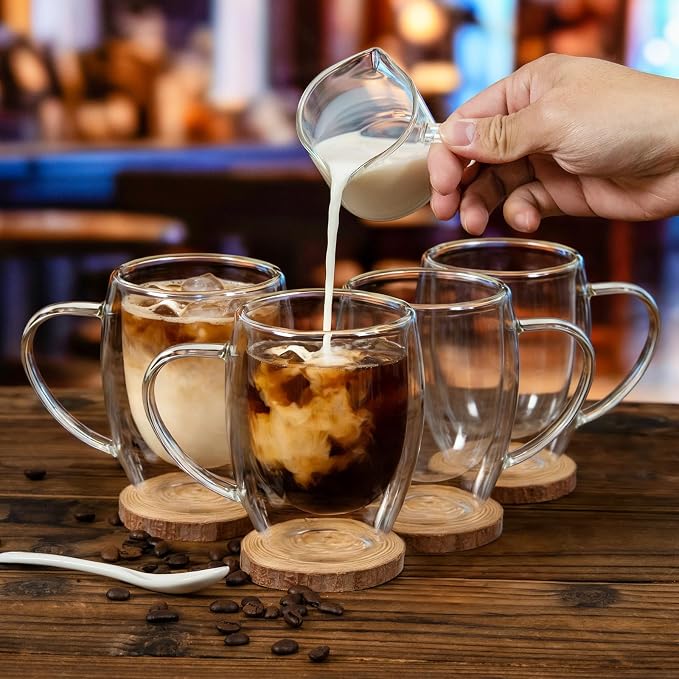 FrutPunch Double walled glass coffee mugs, Glass Coffee Mugs Set Of 4, Glass Coffee Cups with Handles, 12OZ, Suitable for Cappuccino, Latte, Espresso, Hot Drinks, Cold Drinks (4, 12, Fluid Ounces)