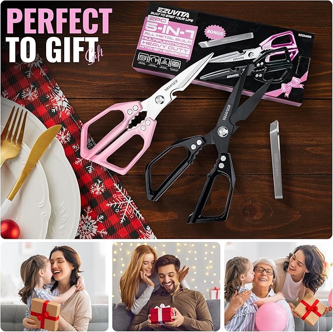 2PC 5-in-1 Multifunctional Heavy-Duty Korean Kitchen Scissors Set, All Purpose Kitchen Shears with Stainless Steel Blades, Bone Cutting scissors for Meat, Fish, Turkey, Vegetables