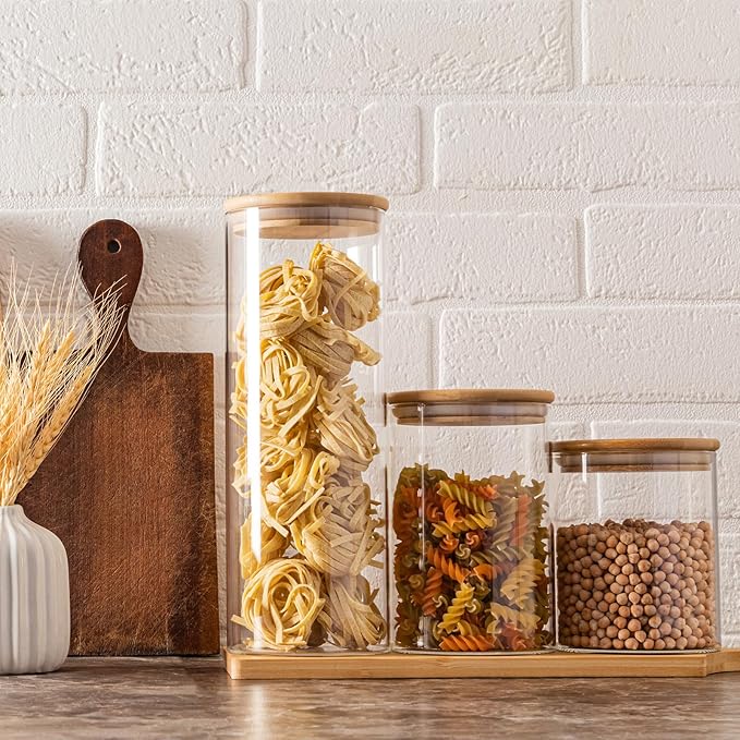 SHOWIN 15oz Glass Food Storage Jars, Glass Jars with Bamboo Lids, Kitchen Storage Jars, Set of 6, Canisters with Airtight Lids for Spice, Coffee, Cookie, Pantry Organizers