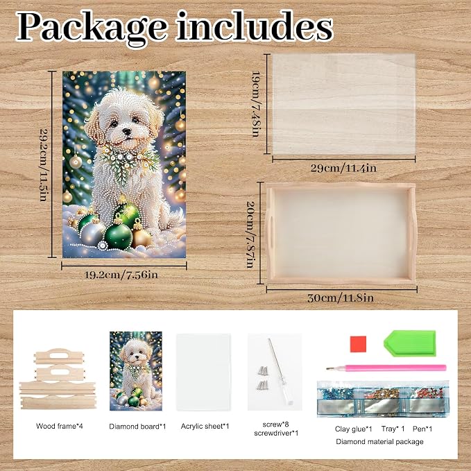 DIY Diamond Serving Tray Rectangular Breakfast Tray with Handle Handmade Diamond Art Painting Wooden Tray for Dinner Plate Coffee Room Living Home Organizer-Puppy
