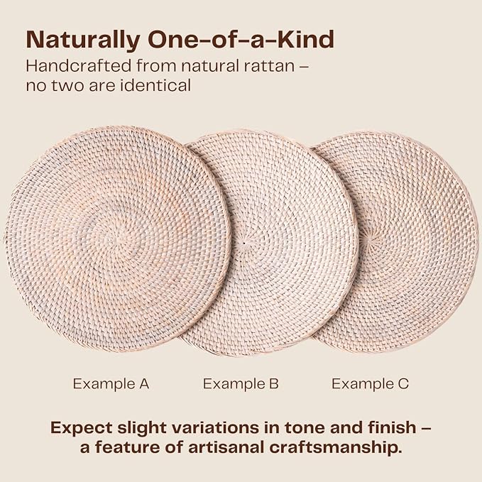 4-Pack Rattan Placemats - 13-inch Round Placemats (Whitewash) - Woven Place Mats, Round Table Mats - Wicker Chargers for Dinner Plates, Plate Chargers Boho