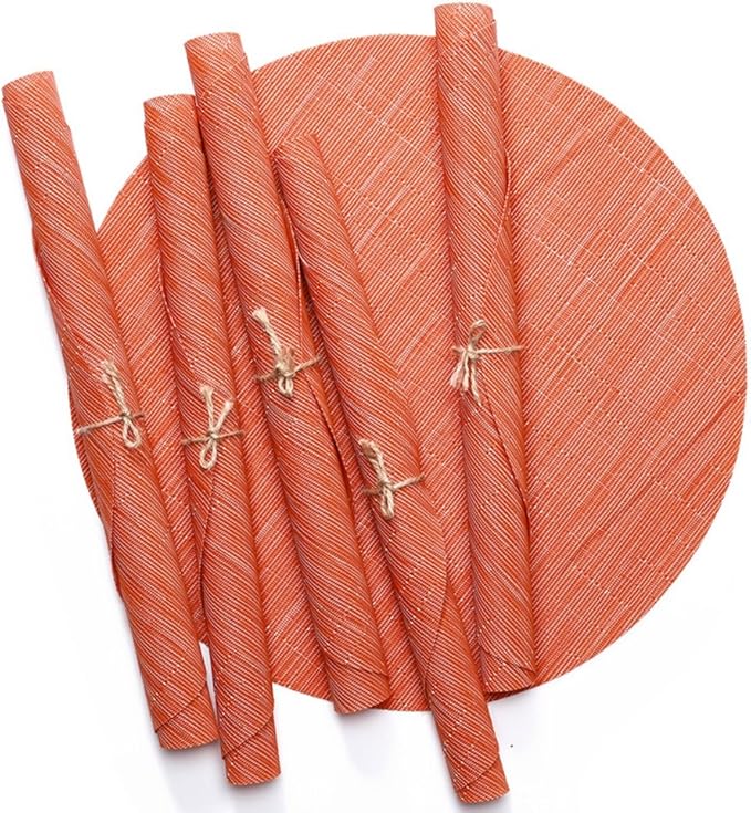 Round Placemats Set of 6 Woven Table Mats Washable Non-Slip Place Mats 13.8 Inch for Christmas Decoration Home Wedding Party,Orange