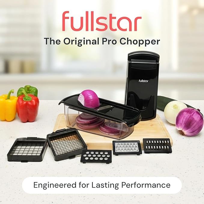 Fullstar Pro Original Vegetable Chopper & Mandoline - Chopper & Mandoline Lids - Food Chopper with Container, Fruit Slicer, Onion Dicer - All-in-One Prep Tool - Kitchen Gadgets & Gifts (6 in 1, Black)